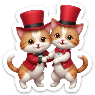 Steampunk:a very cute and adorable anthropomorphic baby cat with a red top hat is dancing with a puppy sticker