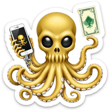 satanic octopus skeleton with scary evil eyes wearing a gold necklace and balaclava. 1 tentacle is holding a cellphone, 1 tentacle is holding a bone, 1 tentacle is holding a stack of cash. sticker