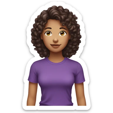 a girl with mid large dark brown curly hair and a purple tshirt sticker
