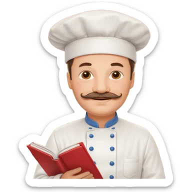 Est-ce que tu peux me faire un chef cuistot qui ressemble à Philippe Etchebest et qui est devant un restaurant? Est-ce que tu peux le faire souriant, avec une moustache de cuistot? 
 sticker
