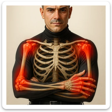 Create a series of 5 vertical images of a man (reference photo) with widespread joint pain, highlighting inflammation with an anatomical view. Show red zones on the joints, medical style, anatomical details, hyperrealism, variation 3. sticker