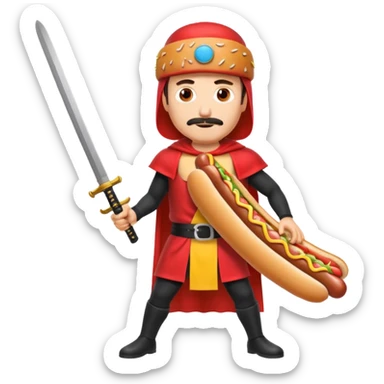 Middle aged attractive man wearing a hot dog costume wielding a katana sticker