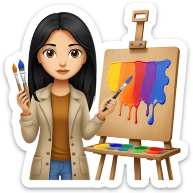 painting, easel, master piece, artist, long black hair tanned woman, paint pallet colors and paint brush,  sticker