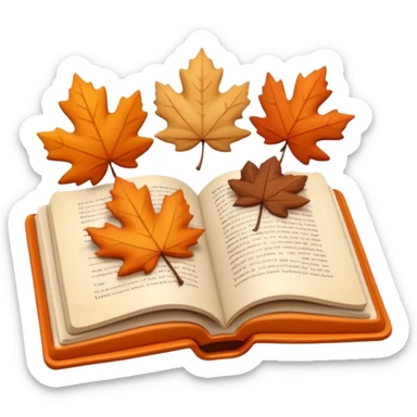 A cute 3D emoji of an open book with autumn leaves around it, cozy fall colors (orange, brown, beige), playful and modern style, glossy finish, minimalistic but expressive, symbolizing a Fall Reading Challenge. sticker