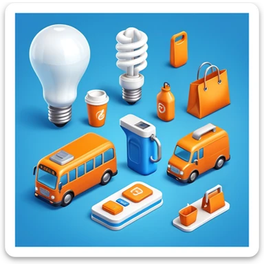 "3D icon set of everyday objects in a modern finance theme: light bulb, fuel pump, bus, shopping bag, coffee cup — smooth plastic texture, bright orange and blue color palette, soft lighting, isometric view, glossy finish, minimal background, high detail, for UI design"
 sticker
