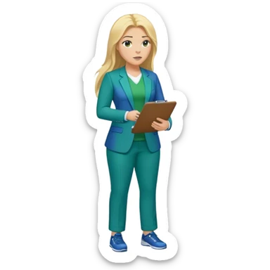 Full Body white plus size female basketball head coach using a clipboard with long blonde hair in a blue and green suit sticker