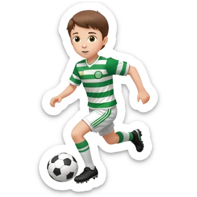 Celtic footballer jersey logo  6 years old brown hair white boy , brown eyes , stripes uniform , RUNNING  with soccer ball # 17 celtic football logo PUT ONLY ONE LOGO ONE CELTIC LOGO ONLY white shorts sticker