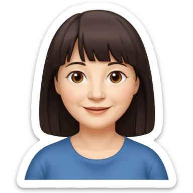 60 yr old woman, very small brown eyes, long hair, straight dark brown hair, bangs, chubby, long face sticker