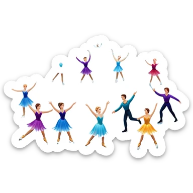 An icon of a theatrical ice show with close-up costumed figure skaters performing a dramatic scene on a glowing ice stage. Spotlights, colorful scenery, and a cheering audience in a grand arena convey the magic and artistry of the ice performance. Transparent background included. sticker