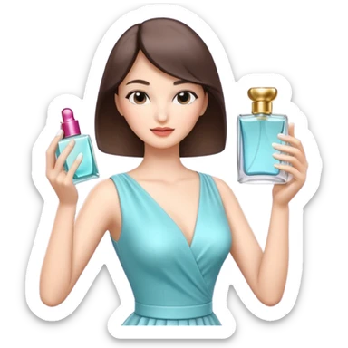 stylish woman spraying perfume, holding a perfume bottle, soft mist spray in the air, elegant pose, 3D cartoon, mobile game icon style, clean background, no text, no watermark

 sticker