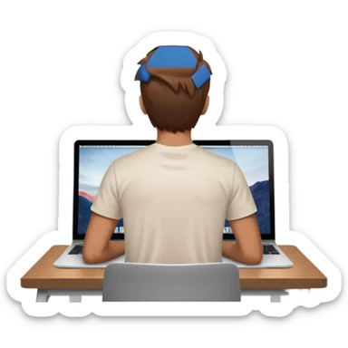 A man seen from behind, with detailed, well-lit hair. He is sitting in front of an open MacBook on a desk. On the MacBook screen, the Instagram logo is clearly visible and glowing.  sticker