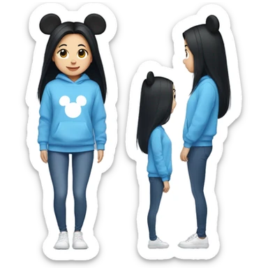 Asian girl long black hair with mickey ears wearing blue stitch sweatshirt  sticker