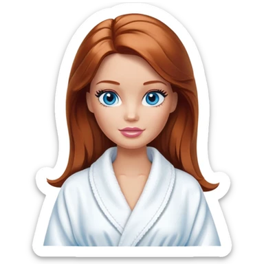 Barbie's face eyes blue with shoulder-length reddish-brown hair, makeup, cream smeared on her face , in a bathrobe with sticker