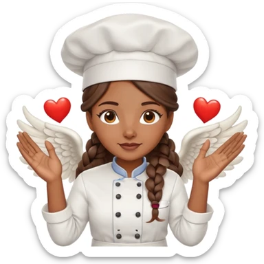 Brown-skinned female chef with long braided brown hair, wearing a chef's hat, with both an angel halo and devil horns, making a heart shape with her hands sticker