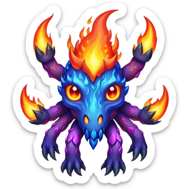 a mystical fast lava creature without arms with molten lava on its head and some rocky shoulders, fire crystals, blue flames, fire legs, no background, purple flames, mystical eyes, 8 arms sticker