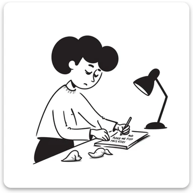 Stressed student writing an essay that begins with "Dear God, please help me finish this essay" in sketchy handwriting sticker