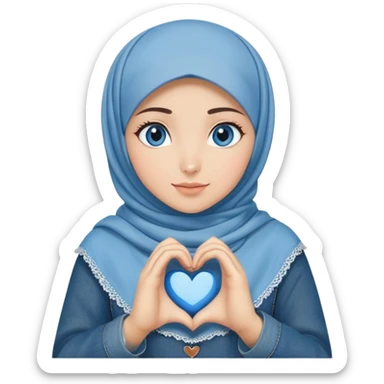 Turkish beautiful finish Konya girl blue eyes with denim hijab islamic dress and making heart with hands sticker