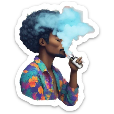 Person vaping wearing a colourful vibrant tropical patchwork of intricate vintage patterns, vape sticker
