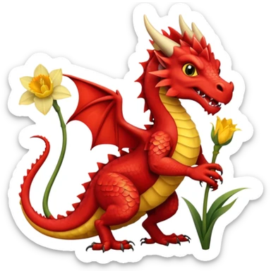 Red Welsh dragon holding a daffodil in it's hand sticker
