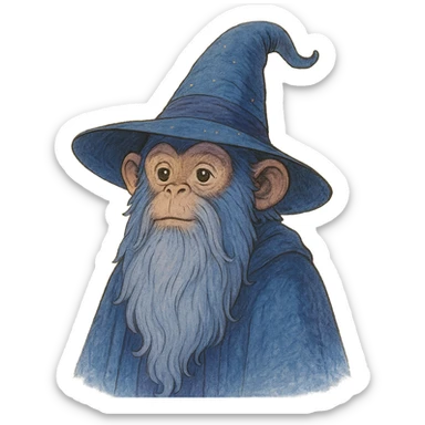 wizard monkey, ghibli style, classic wizard hat, long beard, fairy tale, blue and purple tones sticker