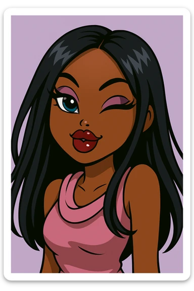 Remove the wink, keep both eyes open with a sassy attitude, headshot only, 20-year-old anime Bratz style woman with dark skin, straight hair, bold colorful fashion-forward look, big expressive eyes, glossy lips, no hat, no tears, confident and playful expression, in anime Bratz style. sticker