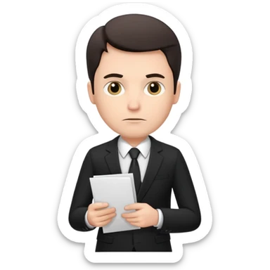 A white man in a black suit stands with a serious face and points at his hand holding papers. sticker