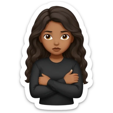 Hispanic girl with dark long wavy hair crossing her arms while pouting and wearing a black long sleeve shirt sticker