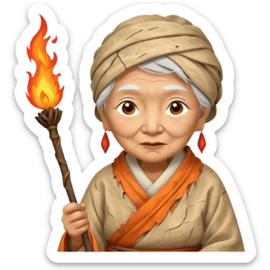 ancient asian old woman, tattered leaf cloth, hold fire stick sticker
