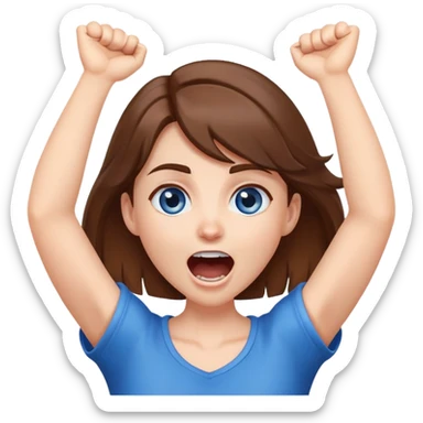 A white skin, brown hair, blue eye girl with arms over neck and yelling  sticker