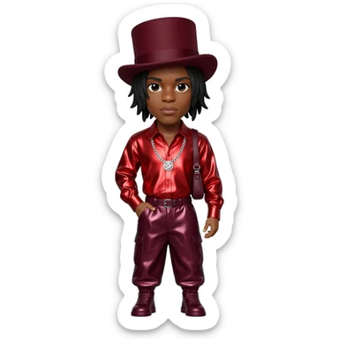 Ginuwine with black short hair, dark red top hat, red metallic sleeve shirt, burgundy metallic baggy pants, silver necklace sticker