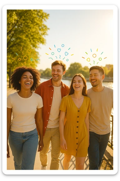 a group of friends strolls along a riverside promenade on a bright, sunny day. Their expressions are joyful and relaxed, and the sunlight creates a warm, golden glow. Above them, faint, colorful lines or icons represent the release of beneficial dopamine. The background is vibrant and full of life. sticker