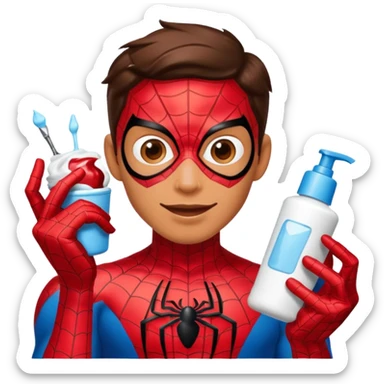 Spiderman doing his skin care routine, applying cream, playful and lighthearted sticker