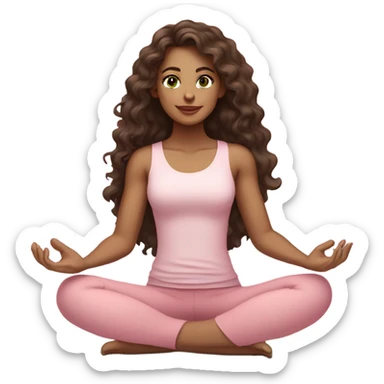 Dark brown long curly hair and green eyes yoga beautiful young woman in light pink pink pink clothes sitting on a yoga mat sticker