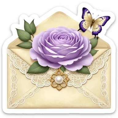 A delicate still life of an aged love letter sealed with golden wax, placed on a vintage lace doily, accompanied by a bouquet of pale purle roses and white peonies, with a shimmering pearl butterfly resting on the envelope. sticker