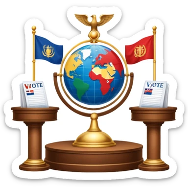 icon featuring podium with a speaker, national flags, and voting ballots, symbolizing political science. The design includes a globe and scales of justice in the background, representing governance, global affairs, and political theory. Transparent background emphasizes civic engagement and policy. sticker