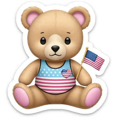 osito de peluche cafe claro con ropita rosa claro y estapado de la bandera de usa y otro con una liga de pilates en la cabeza y con ropa deportiva sticker