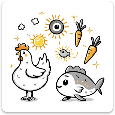 Ethereal magical image of glowing chicken, luminous fish, and radiant carrots with golden beams connecting them to a healthy eye, glowing skin and a shimmering immune shield sticker