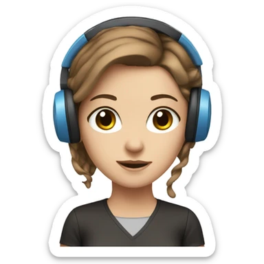 white girl at desk, brown hair, blue eyes, computer, headphones sticker