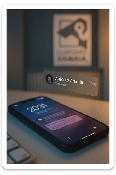 A photo of an iPhone with the message "Antonio Anania" on its scree, both surrounded by soft light and shadow. The phone sits atop a desk with a blurred background that suggests work environment. A faint glow from above casts gentle shadows across the surface of each object, creating depth and highlighting their textures. sticker