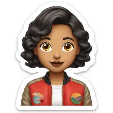 Half indian girl, wavy bob haircut, red bomber embroided jacket sticker