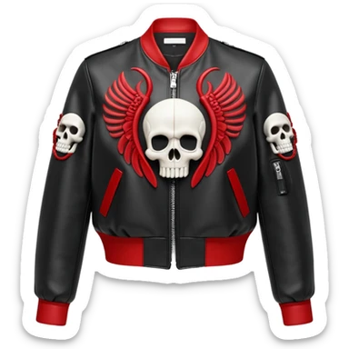 Alexander McQueen brand Cropped black and red leathdr bomber detailed jacket for women with edgy skull style, detailed embellishments. 8k, 5000x5000px, 3D rendering, realistic, isolated still life, no emoji faces no emoji icons no human figures  sticker