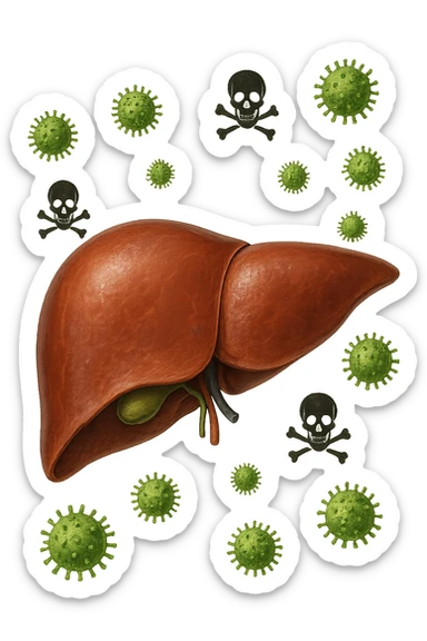fegato umano anatomico con tossine che gli fluttuano intorno sticker