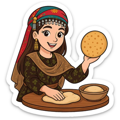 Kurdish cartoon sticker of the same woman in the new dress, baking bread, holding flatbread or working with dough, smiling, no text, transparent background sticker