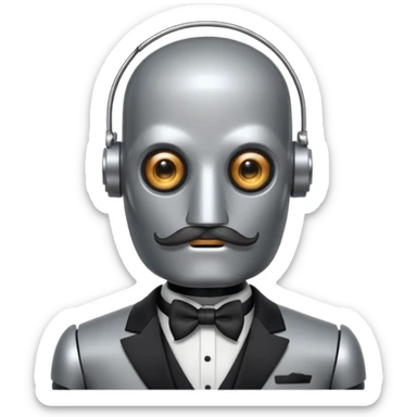 Gray Robot with a cylindrical head, handlebar moustache, no pupils, wearing a tuxedo, buff sticker