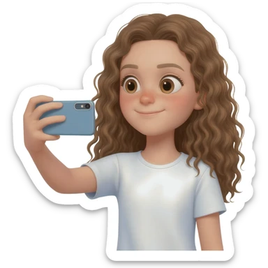 Menina branca,de olhos castanhos claros, com cabelos longos encaracolados gravando vídeo em um iPhone sticker