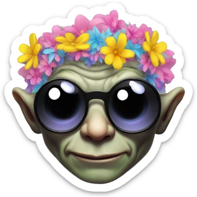 gollum dressed for an edm concert, sunglasses, flowery, neon colors sticker