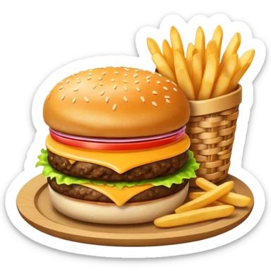 1950s diner food meal. Realistic Cheese Burger with French fry basket sticker