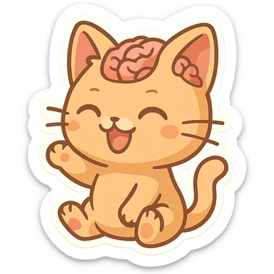 playful and cute cat with a visible brain, chibi stickers style sticker