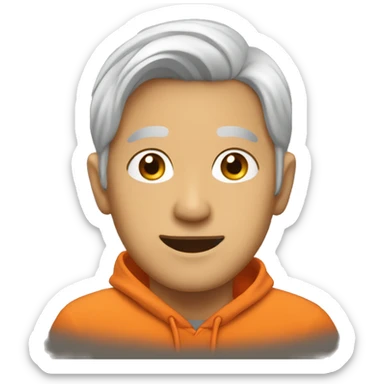 Silver haired asian man smiling orange hoodie sticker