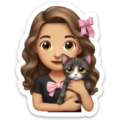 olive-toned brunette with long wavy brown hair and brown eyes, wearing a light pink hair bow. She is holding a black kitten that also has a matching pink bow sticker